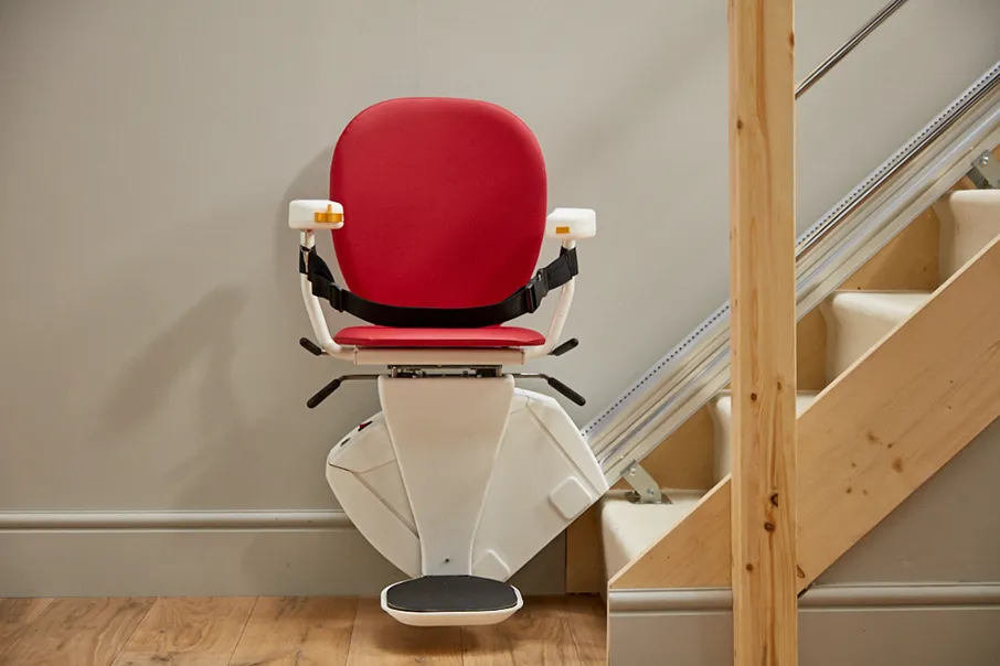 Freedom Stairlifts Straight Stairlift 1 with red upholstery