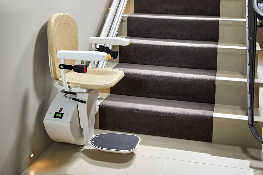 Freedom Stairlifts Straight Stairlift 1 opened at the bottom of the stairs